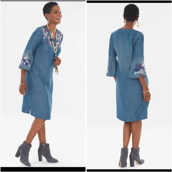 FLORAL-EMBROIDERED DENIM DRESS‎ - Picture 2 of 3